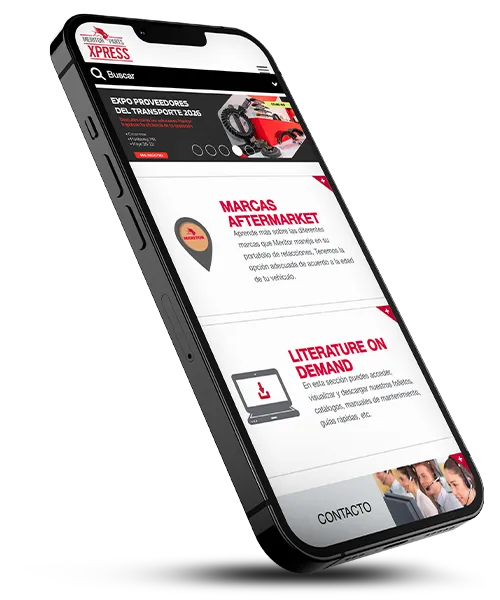 MeritorPartsXpress en dispositivo móvil para consultar productos, cruces, especificaciones y disponibilidad de refacciones en línea